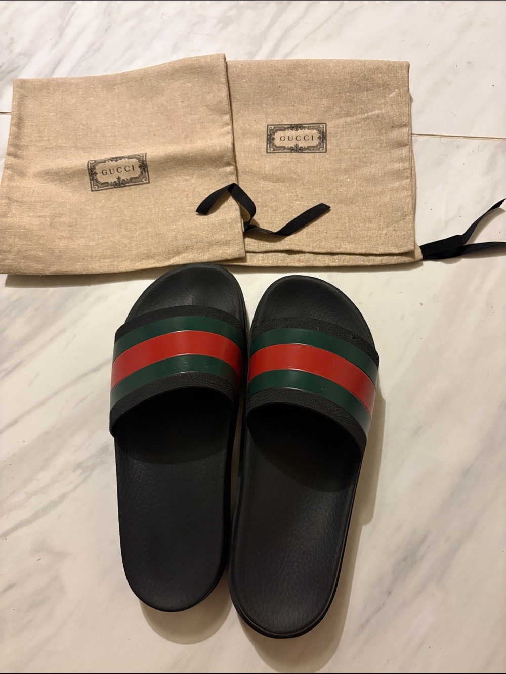 Gucci Black Slides with Green and Red Web Stripe